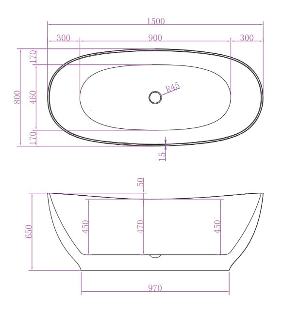 RIVA LAYLA SUPER SLIM EDGE FREESTANDING BATHTUB MATTE WHITE (AVAILABLE IN 1500MM AND 1700MM)