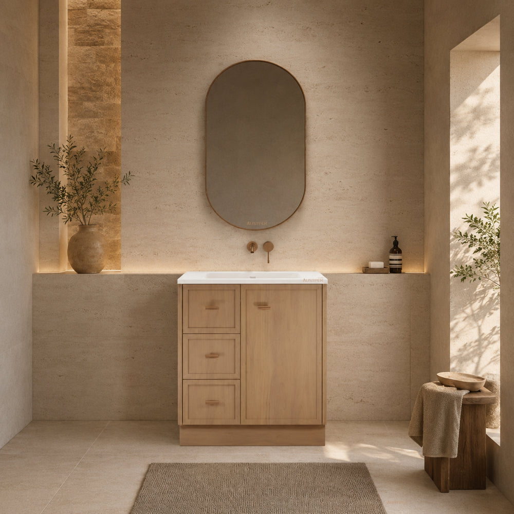 RIVA TOFINO COASTAL OAK 750MM SINGLE BOWL FLOOR STANDING VANITY WITH KICKBOARD (AVAILABLE IN LEFT HAND DRAWER AND RIGHT HAND DRAWER)