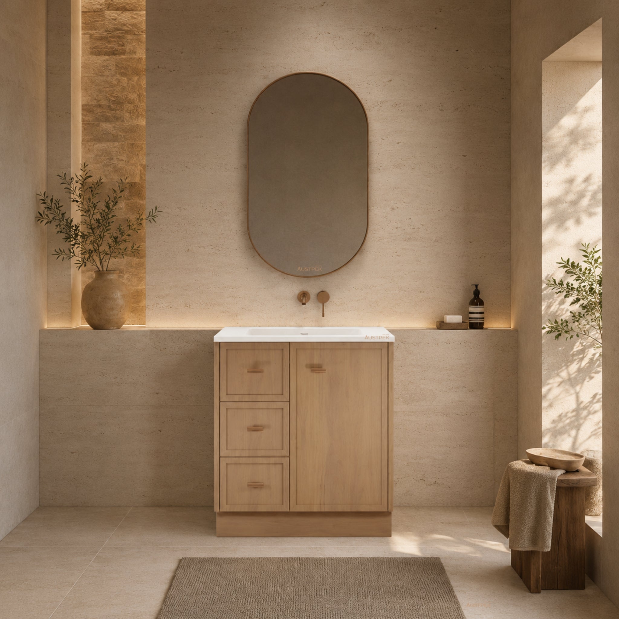 RIVA TOFINO COASTAL OAK 750MM SINGLE BOWL FLOOR STANDING VANITY WITH KICKBOARD (AVAILABLE IN LEFT HAND DRAWER AND RIGHT HAND DRAWER)