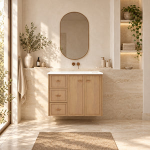 RIVA TOFINO COASTAL OAK 900MM SINGLE BOWL WALL HUNG VANITY (AVAILABLE IN LEFT HAND DRAWER AND RIGHT HAND DRAWER)