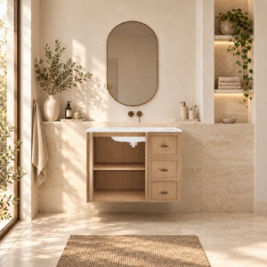 RIVA TOFINO COASTAL OAK 900MM SINGLE BOWL WALL HUNG VANITY (AVAILABLE IN LEFT HAND DRAWER AND RIGHT HAND DRAWER)