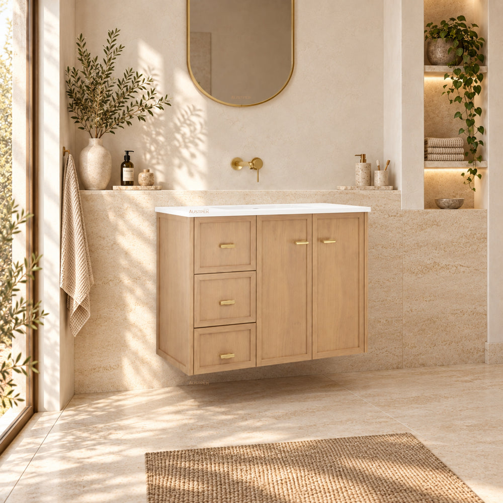 RIVA TOFINO COASTAL OAK 900MM SINGLE BOWL WALL HUNG VANITY (AVAILABLE IN LEFT HAND DRAWER AND RIGHT HAND DRAWER)