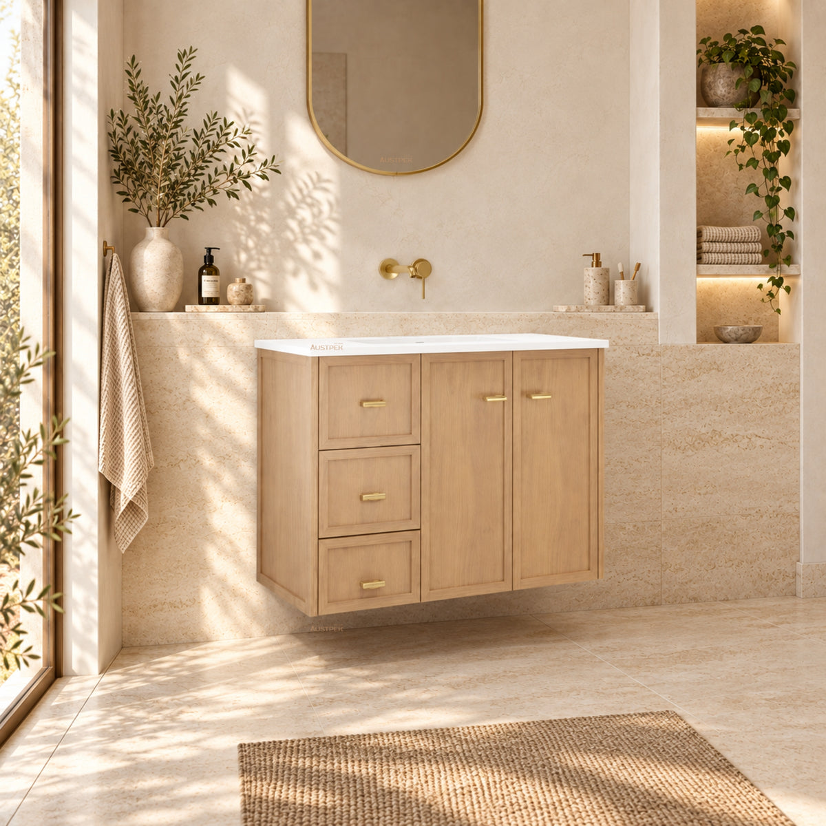 RIVA TOFINO COASTAL OAK 900MM SINGLE BOWL WALL HUNG VANITY (AVAILABLE IN LEFT HAND DRAWER AND RIGHT HAND DRAWER)