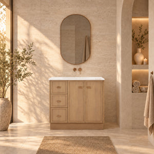 RIVA TOFINO COASTAL OAK 900MM SINGLE BOWL FLOOR STANDING VANITY WITH KICKBOARD (AVAILABLE IN LEFT HAND DRAWER AND RIGHT HAND DRAWER)