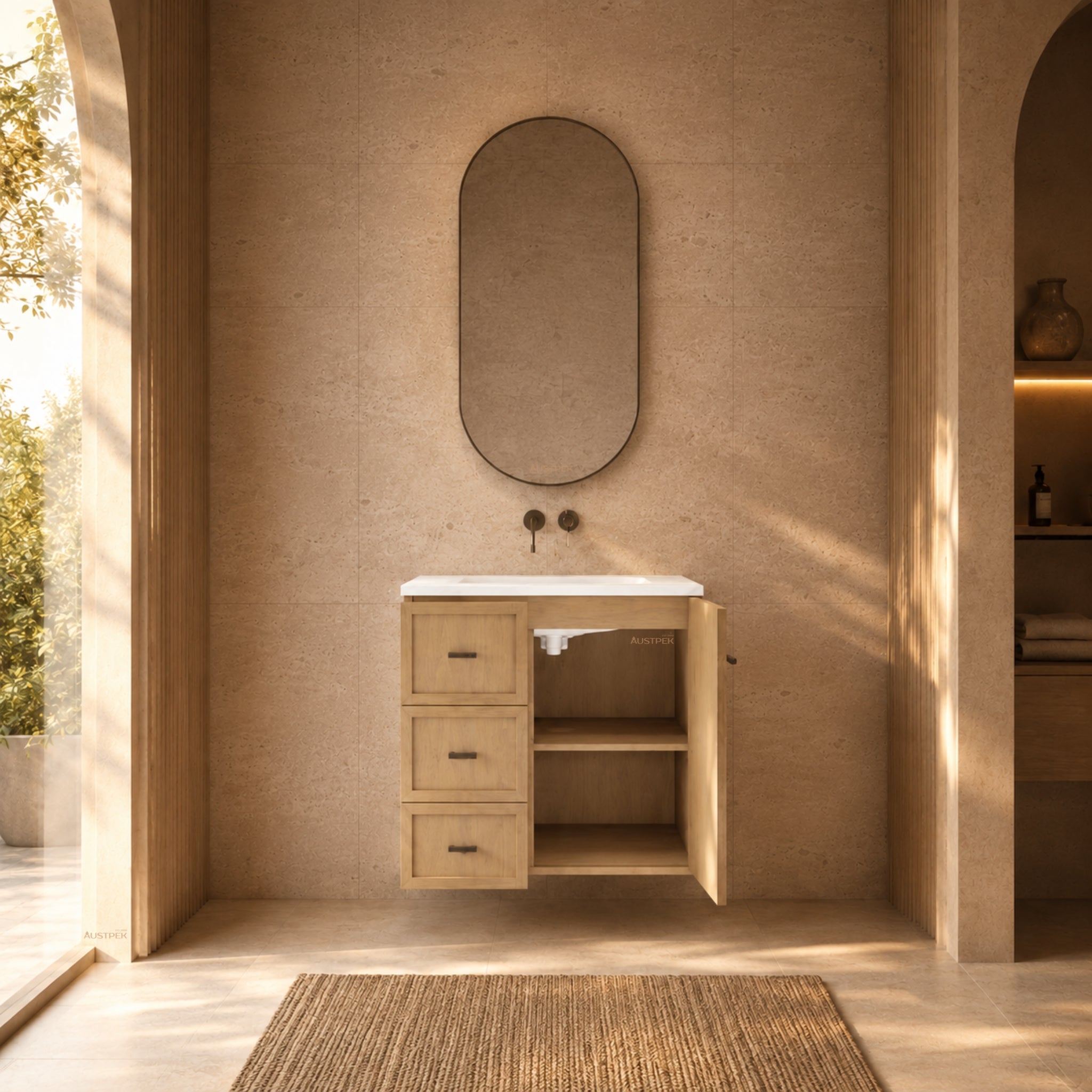 RIVA TOFINO COASTAL OAK 750MM SINGLE BOWL WALL HUNG VANITY (AVAILABLE IN LEFT HAND DRAWER AND RIGHT HAND DRAWER)