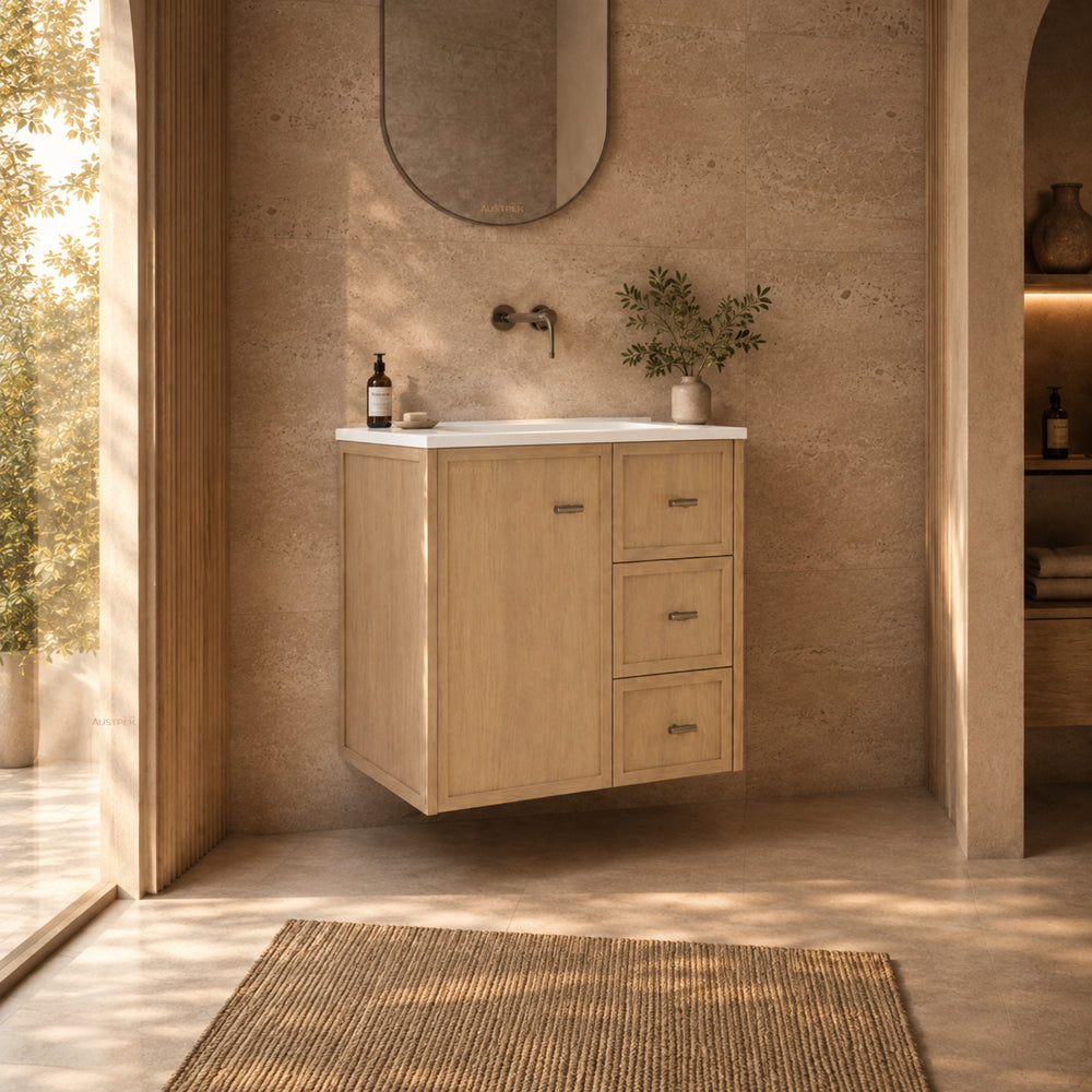 RIVA TOFINO COASTAL OAK 750MM SINGLE BOWL WALL HUNG VANITY (AVAILABLE IN LEFT HAND DRAWER AND RIGHT HAND DRAWER)