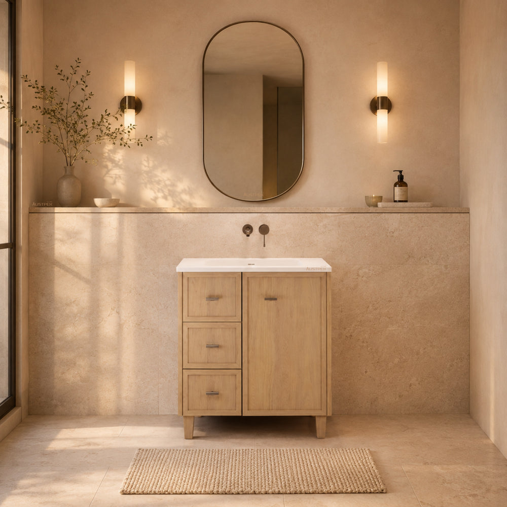 RIVA TOFINO COASTAL OAK 750MM SINGLE BOWL FLOOR STANDING VANITY (AVAILABLE IN LEFT HAND DRAWER AND RIGHT HAND DRAWER)