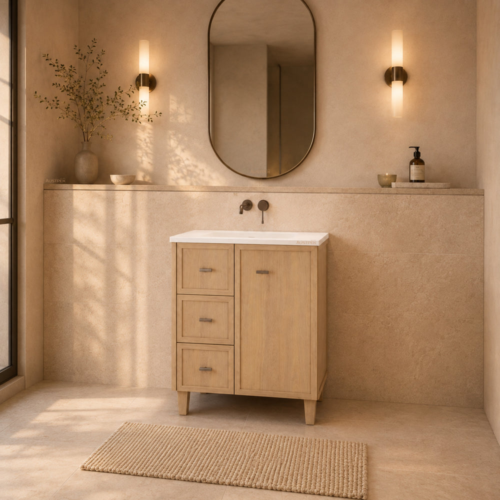 RIVA TOFINO COASTAL OAK 750MM SINGLE BOWL FLOOR STANDING VANITY (AVAILABLE IN LEFT HAND DRAWER AND RIGHT HAND DRAWER)