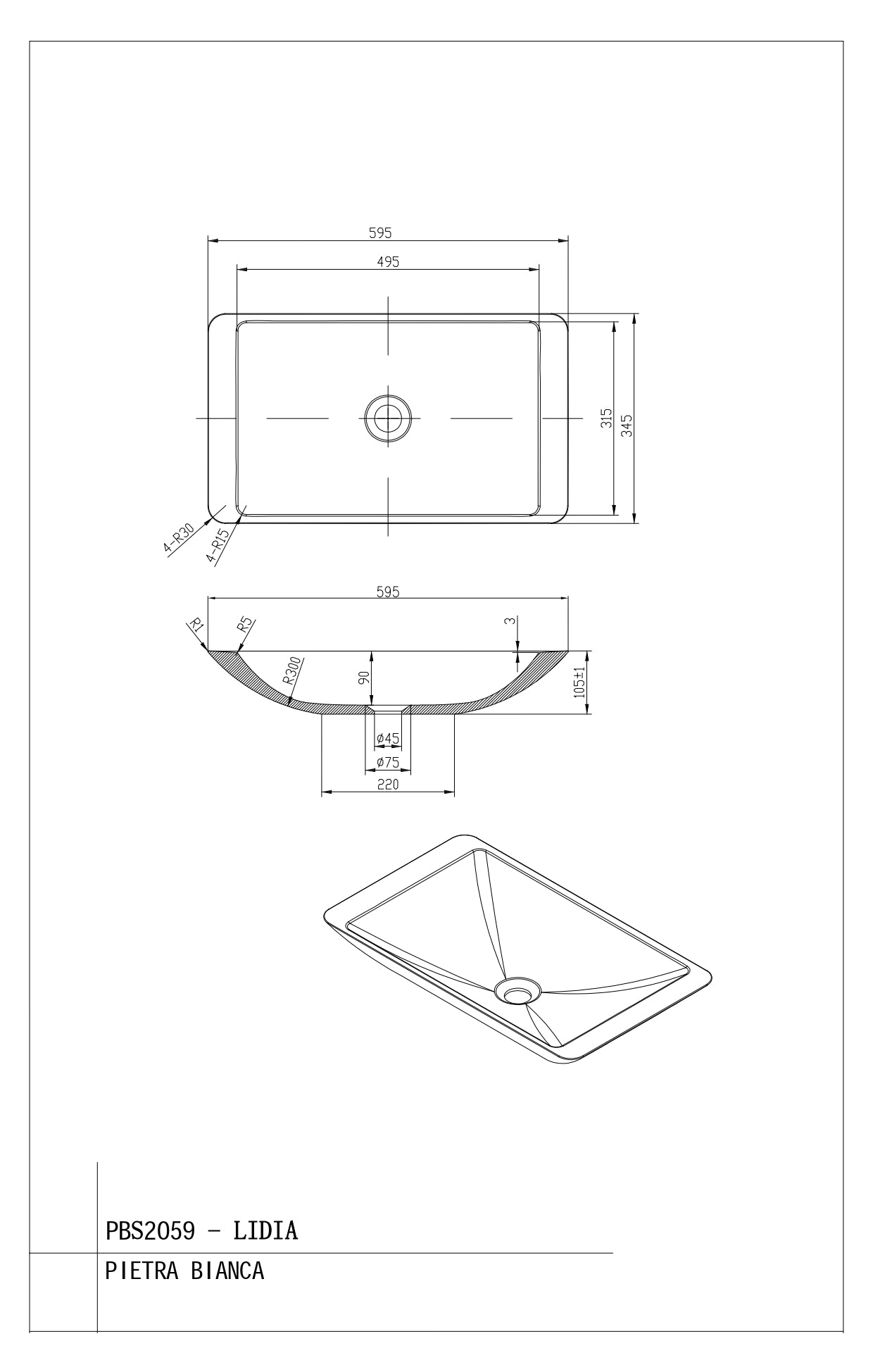 PIETRA BIANCA LIDIA ABOVE COUNTER STONE BASIN WITH WHITE MATTE 595MM