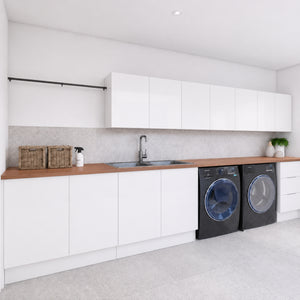 TIMBERLINE LAMINEX LIGHT JARRAH TRUESCALE™ ABSOLUTEGRAIN® DOUBLE BOWL LAUNDRY LAMINATE BENCHTOP