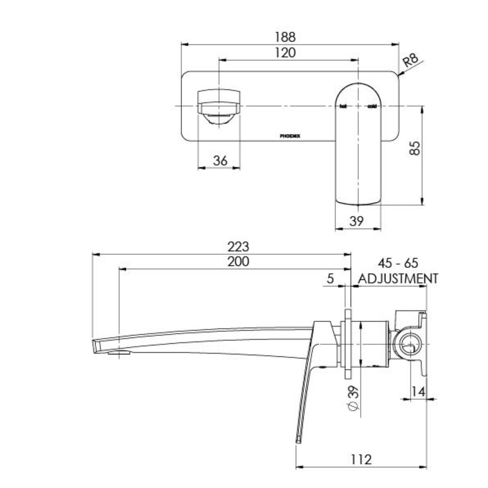 PHOENIX MEKKO SWITCHMIX LEAD FREE WALL BASIN / BATH MIXER SET COMPLETE KIT 200MM BRUSHED CARBON