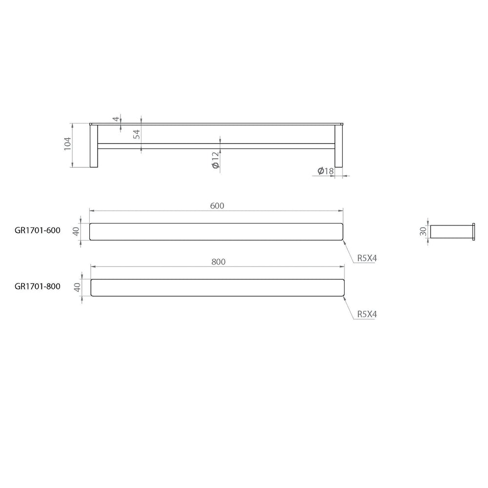 LINKWARE GABE SINGLE NON-HEATED TOWEL RAIL MATTE BLACK (AVAILABLE IN 600MM AND 800MM)