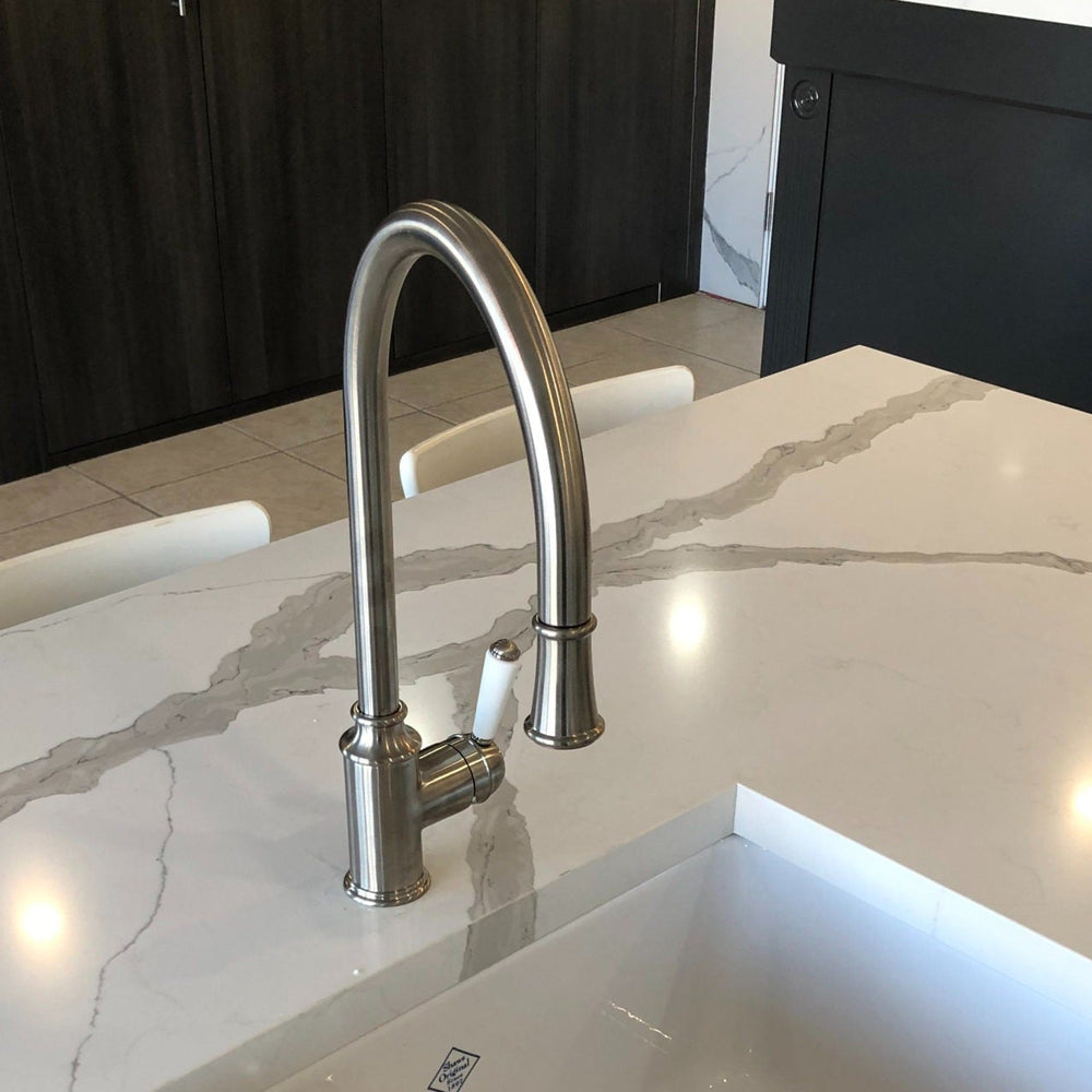 LINSOL TOMMY PULL DOWN SINK MIXER 430MM BRUSHED NICKEL AND WHITE