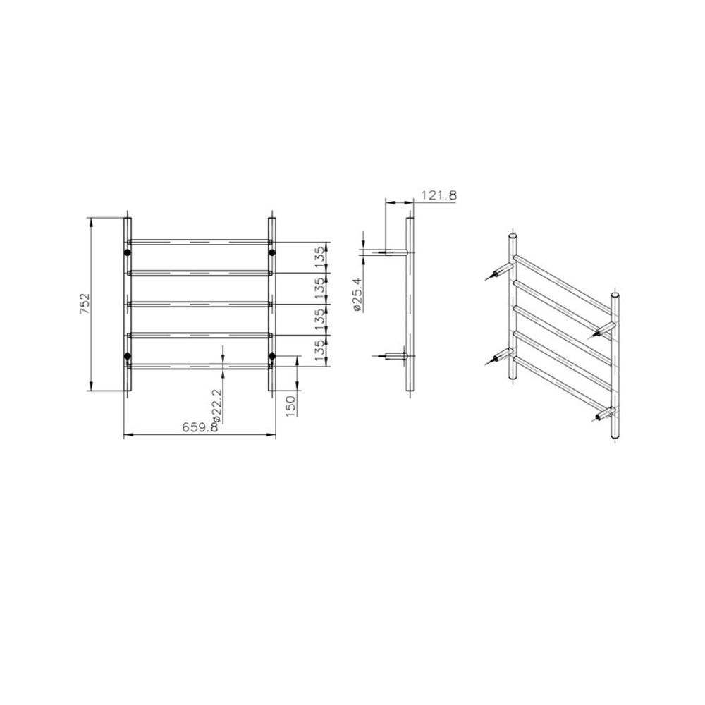 LINSOL AVID 5-BAR HEATED TOWEL RAIL CHROME 750MM