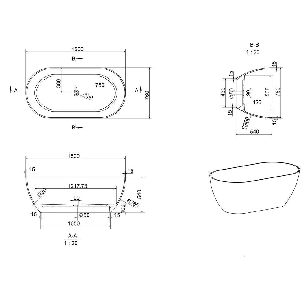 KASKADE LUCIA FREESTANDING STONE BATHTUB (AVAILABLE IN 1400MM, 1500MM, 1600MM, 1700MM AND 1800MM)