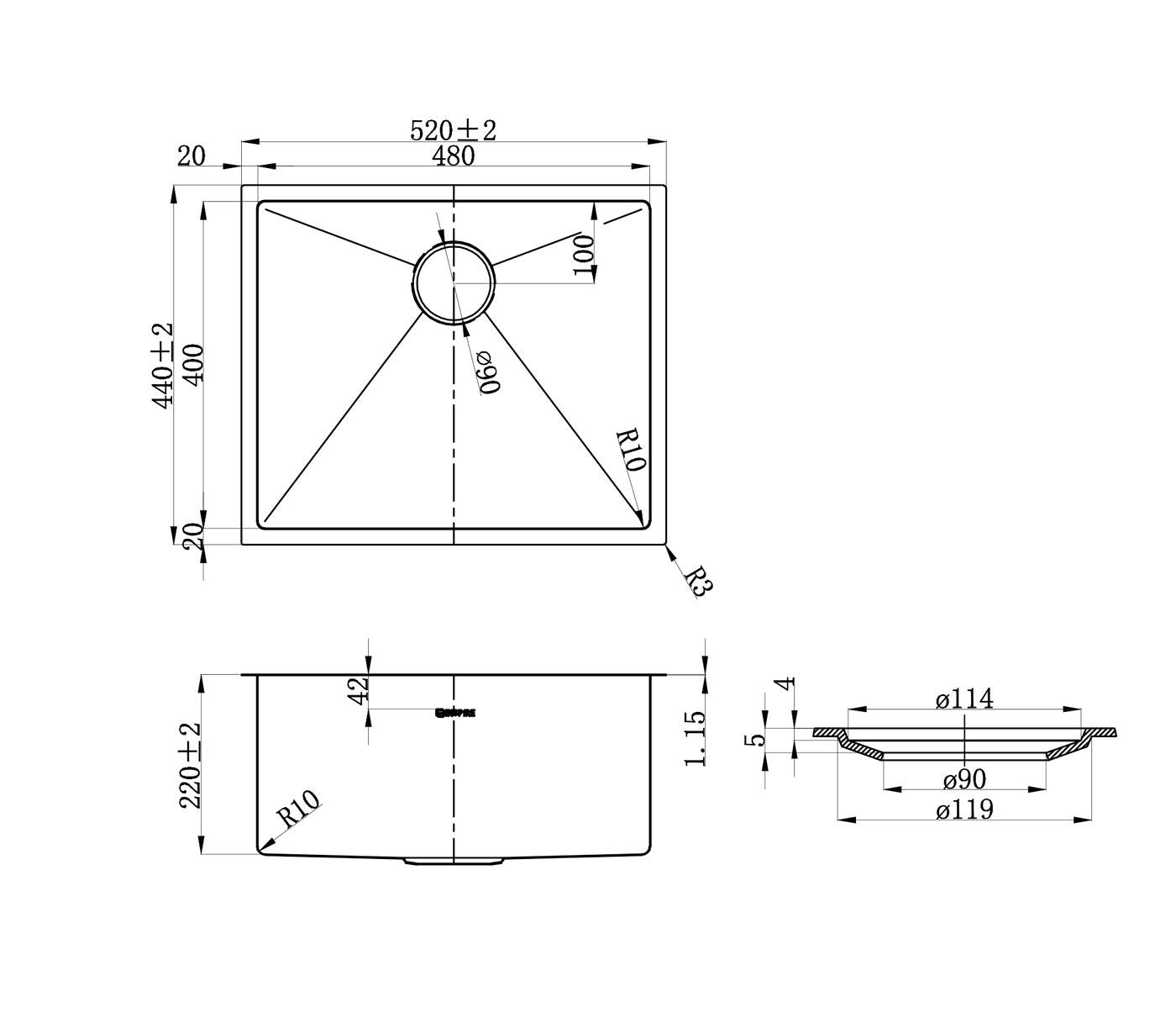 OTTI AXON 52S SINGLE BOWL KITCHEN SINK CHROME 520MM