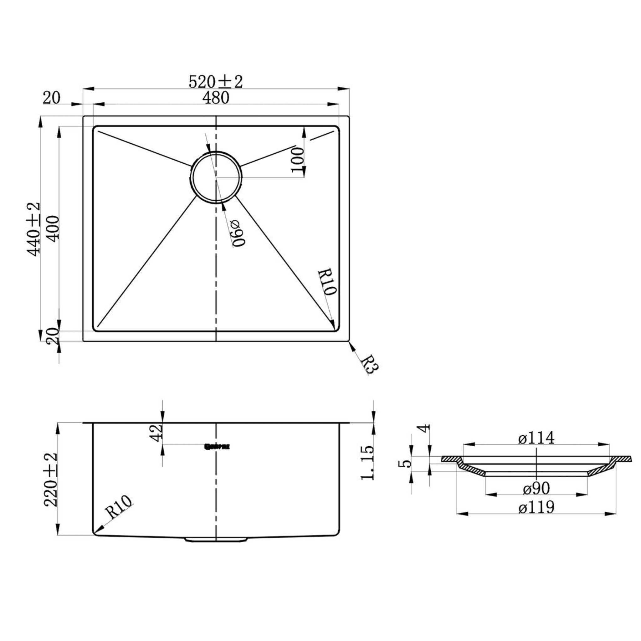 OTTI AXON 52S SINGLE BOWL KITCHEN AND LAUNDRY SINK BRUSHED GOLD 520MM