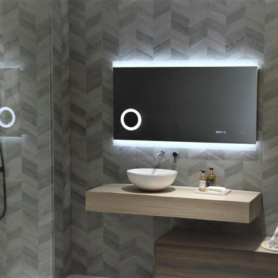 REMER MIRO RECTANGLE FRAMELESS LED MIRROR W/ DEMISTER, BLUETOOTH SPEAKERS & PORTABLE MAGNIFIER 1200X700MM