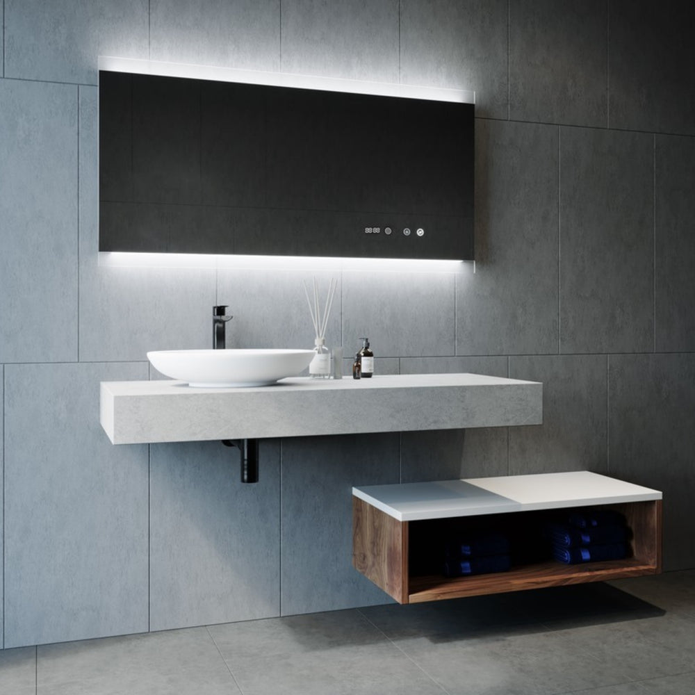 REMER MIRO RECTANGLE FRAMELESS LED MIRROR W/ DEMISTER, BLUETOOTH SPEAKERS & PORTABLE MAGNIFIER 1500X750MM