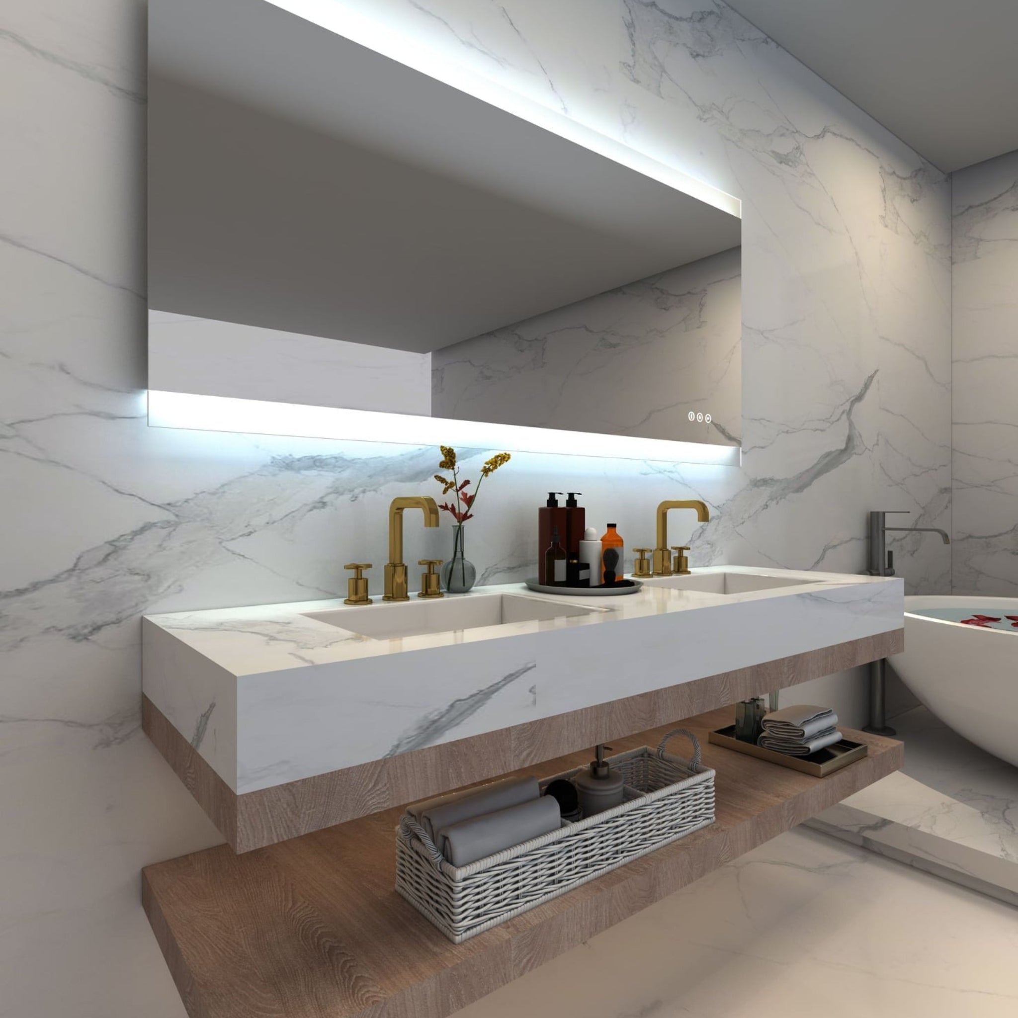 REMER MIRO RECTANGLE FRAMELESS LED MIRROR W/ DEMISTER, BLUETOOTH SPEAKERS & PORTABLE MAGNIFIER 1800X850MM