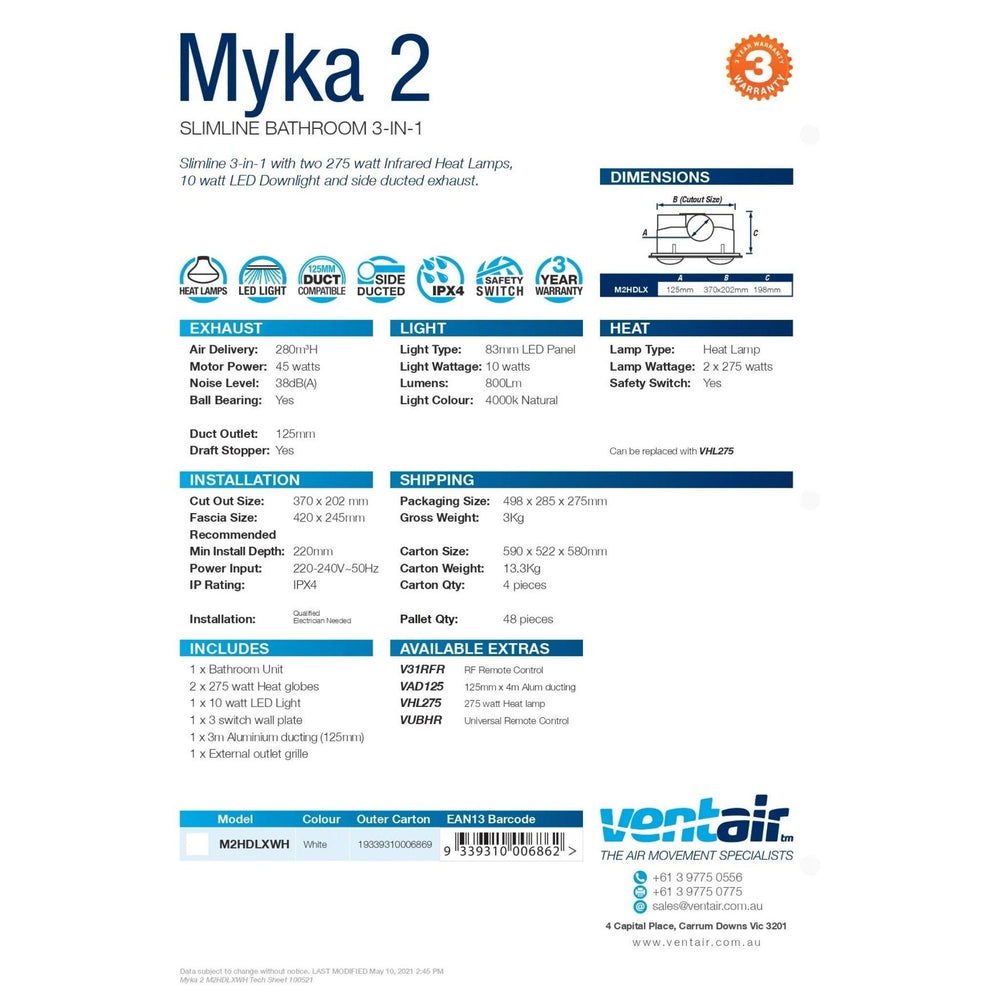 VENTAIR MYKA 2 SLIMLINE 3 IN 1 WITH 2 HEAT LAMPS, LED DOWNLIGHT AND SIDE DUCTED EXHAUST WHITE
