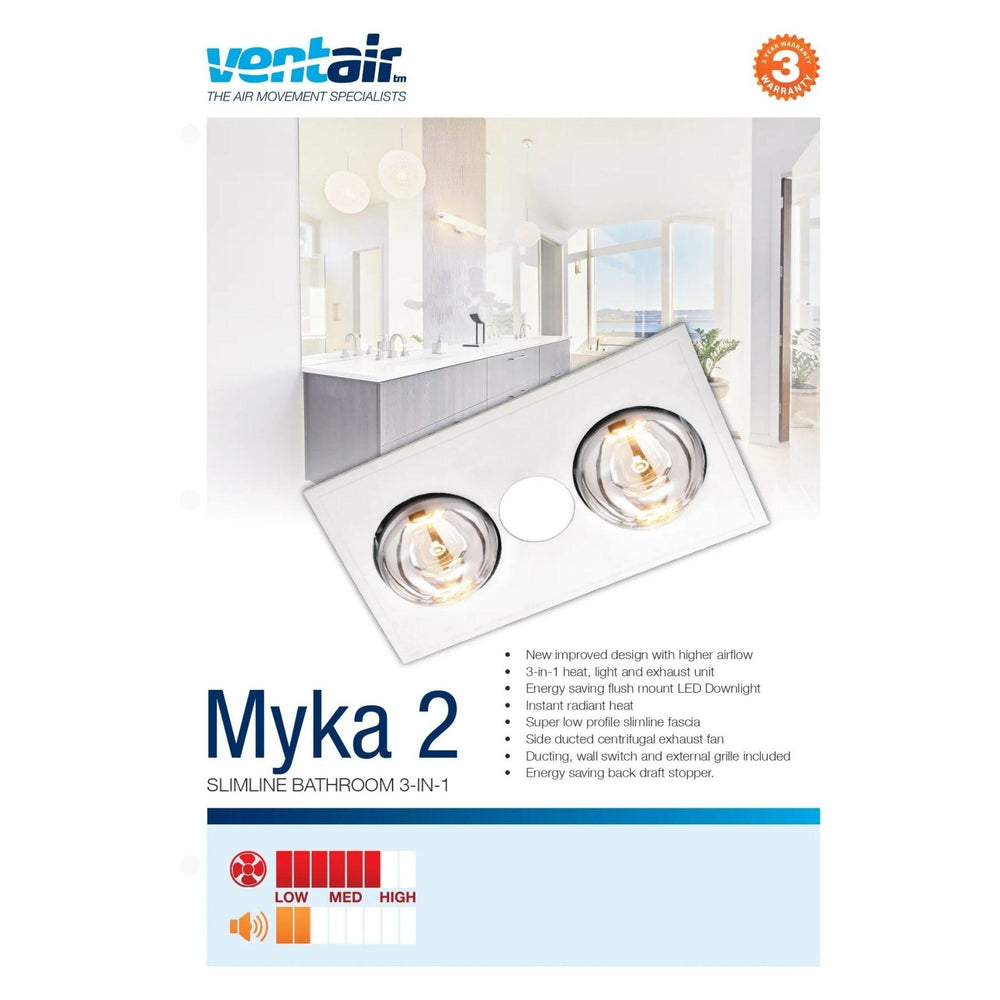 VENTAIR MYKA 2 SLIMLINE 3 IN 1 WITH 2 HEAT LAMPS, LED DOWNLIGHT AND SIDE DUCTED EXHAUST WHITE