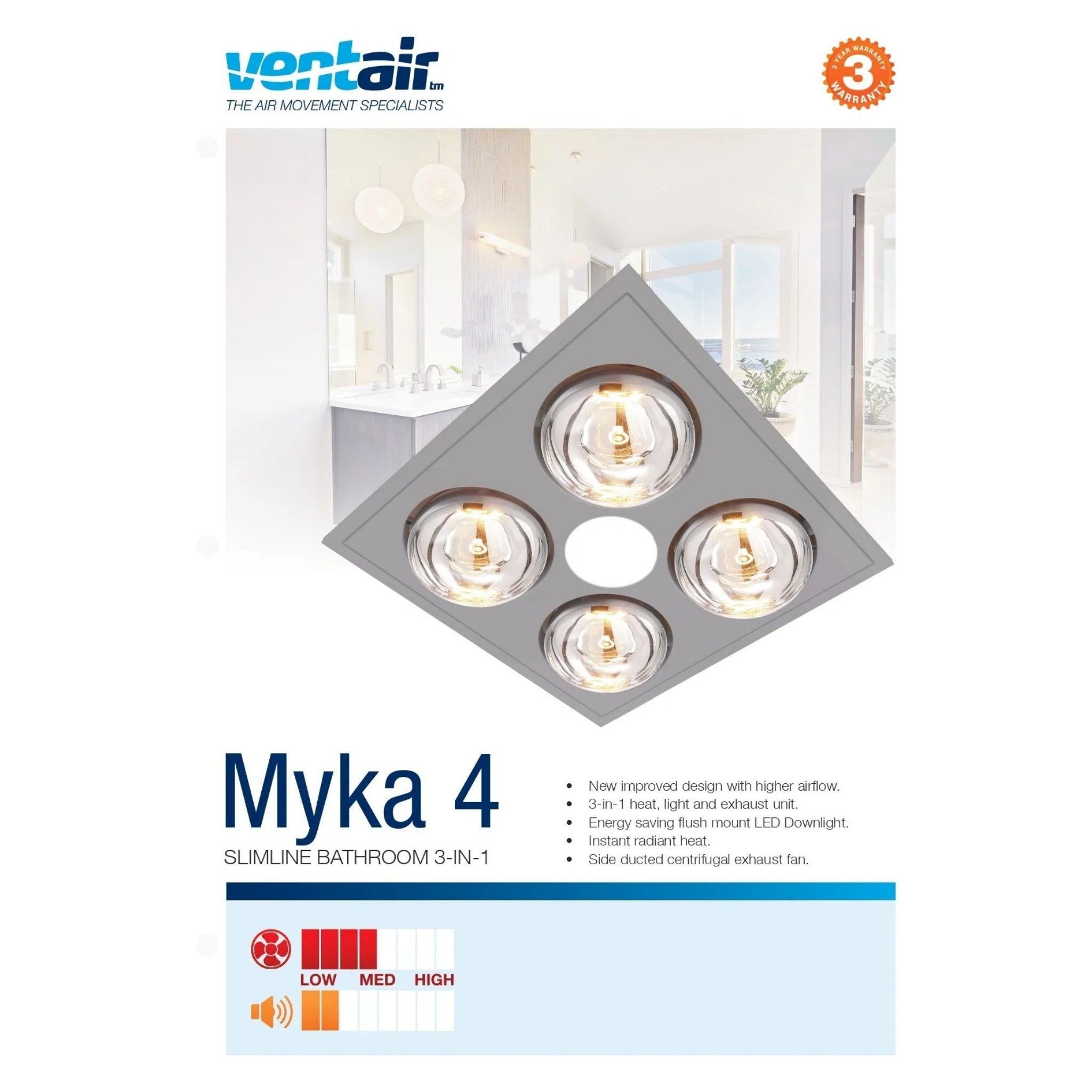 VENTAIR MYKA 4 SLIMLINE 3 IN 1 WITH 4 HEAT LAMPS, LED DOWNLIGHT AND SIDE DUCTED EXHAUST SILVER