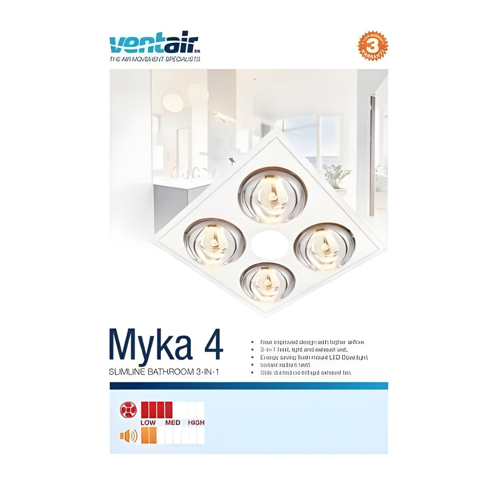 VENTAIR MYKA 4 SLIMLINE 3 IN 1 WITH 4 HEAT LAMPS, LED DOWNLIGHT AND SIDE DUCTED EXHAUST WHITE