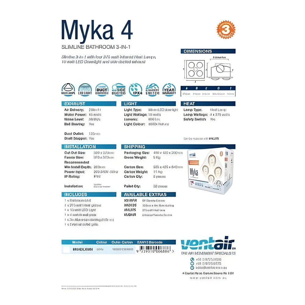 VENTAIR MYKA 4 SLIMLINE 3 IN 1 WITH 4 HEAT LAMPS, LED DOWNLIGHT AND SIDE DUCTED EXHAUST WHITE