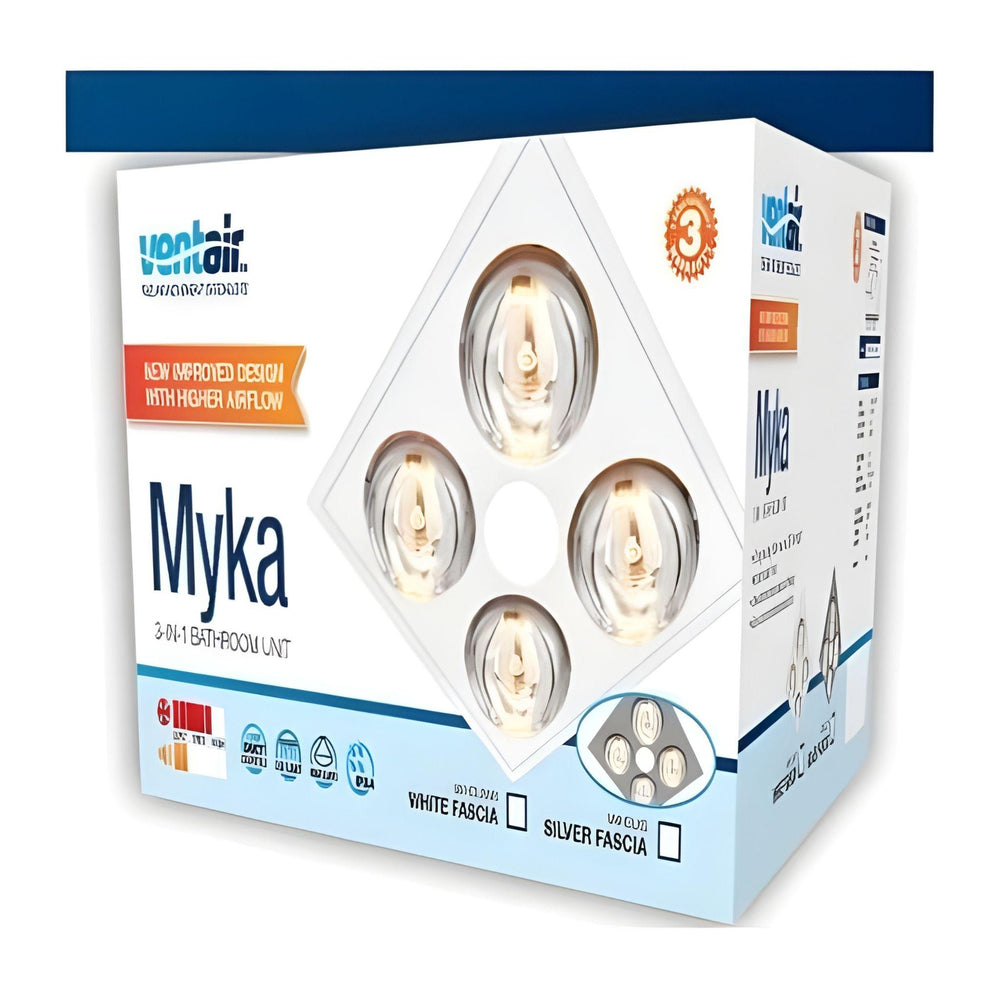 VENTAIR MYKA 4 SLIMLINE 3 IN 1 WITH 4 HEAT LAMPS, LED DOWNLIGHT AND SIDE DUCTED EXHAUST WHITE