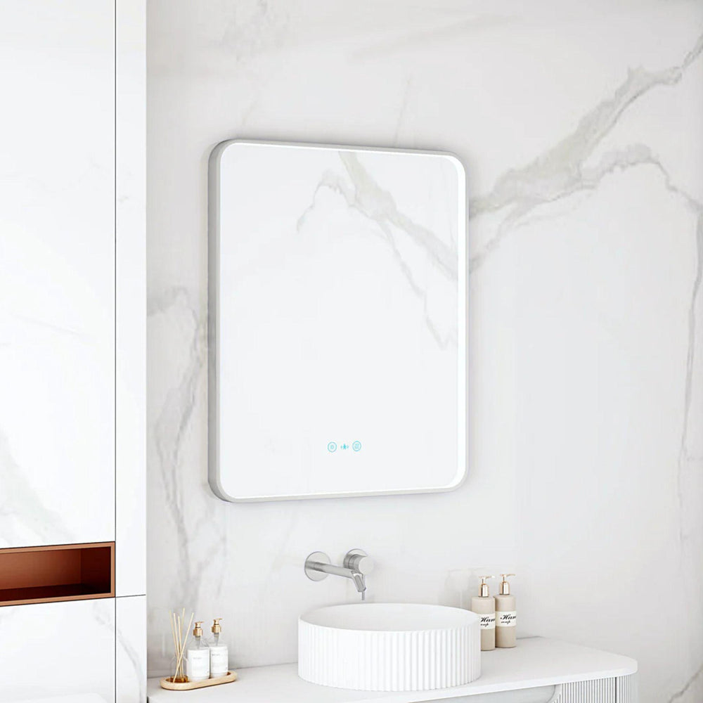 MERCIO MAIA FRAMED RECTANGULAR LED MIRROR BRUSHED NICKEL 600X750MM