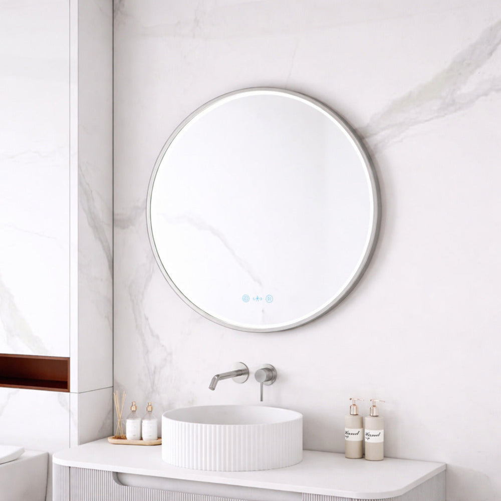 MERCIO MAIA FRAMED ROUND LED MIRROR BRUSHED NICKEL 750X750MM