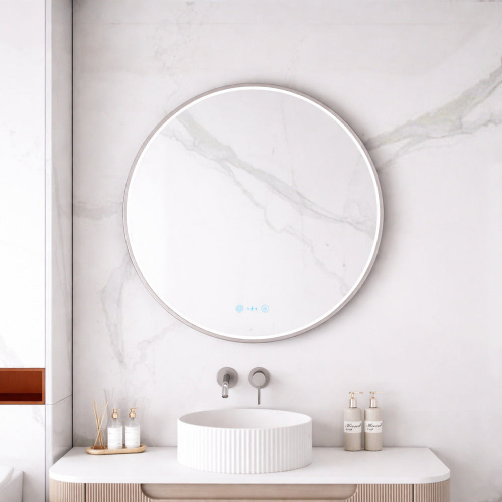 MERCIO MAIA FRAMED ROUND LED MIRROR BRUSHED NICKEL 750X750MM