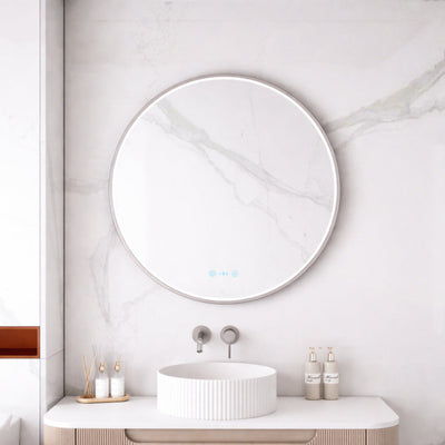 MERCIO MAIA FRAMED ROUND LED MIRROR BRUSHED NICKEL 750X750MM