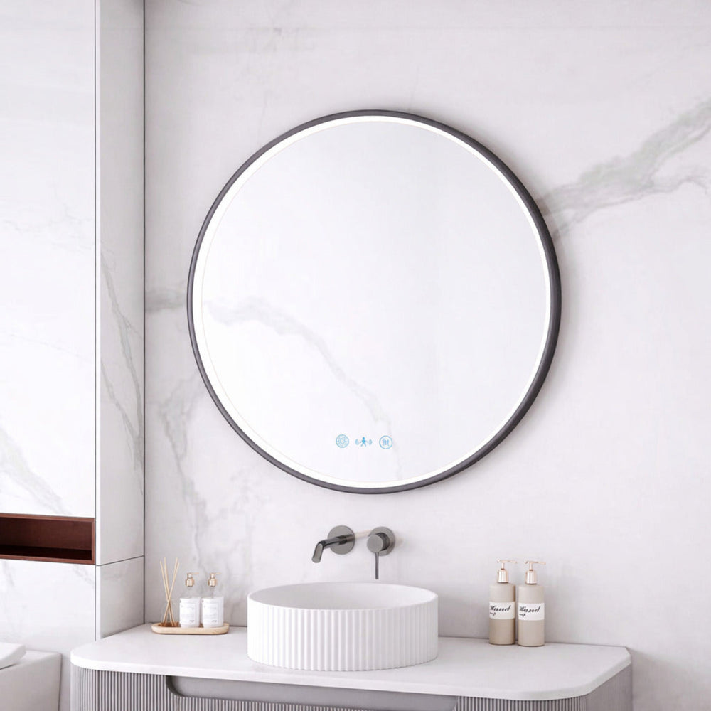 MERCIO MAIA FRAMED ROUND LED MIRROR GUN METAL 750X750MM