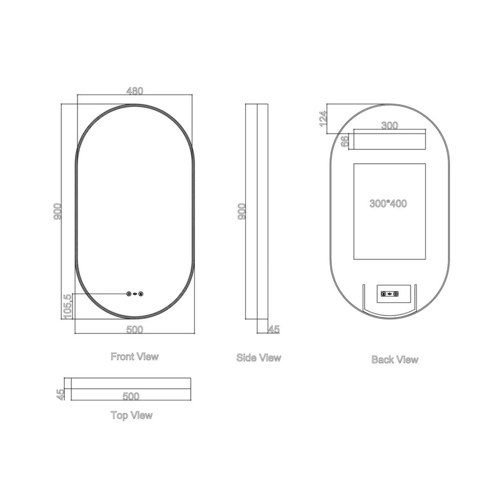 MERCIO MAIA FRAMED OVAL LED MIRROR MATTE BLACK 500X900MM