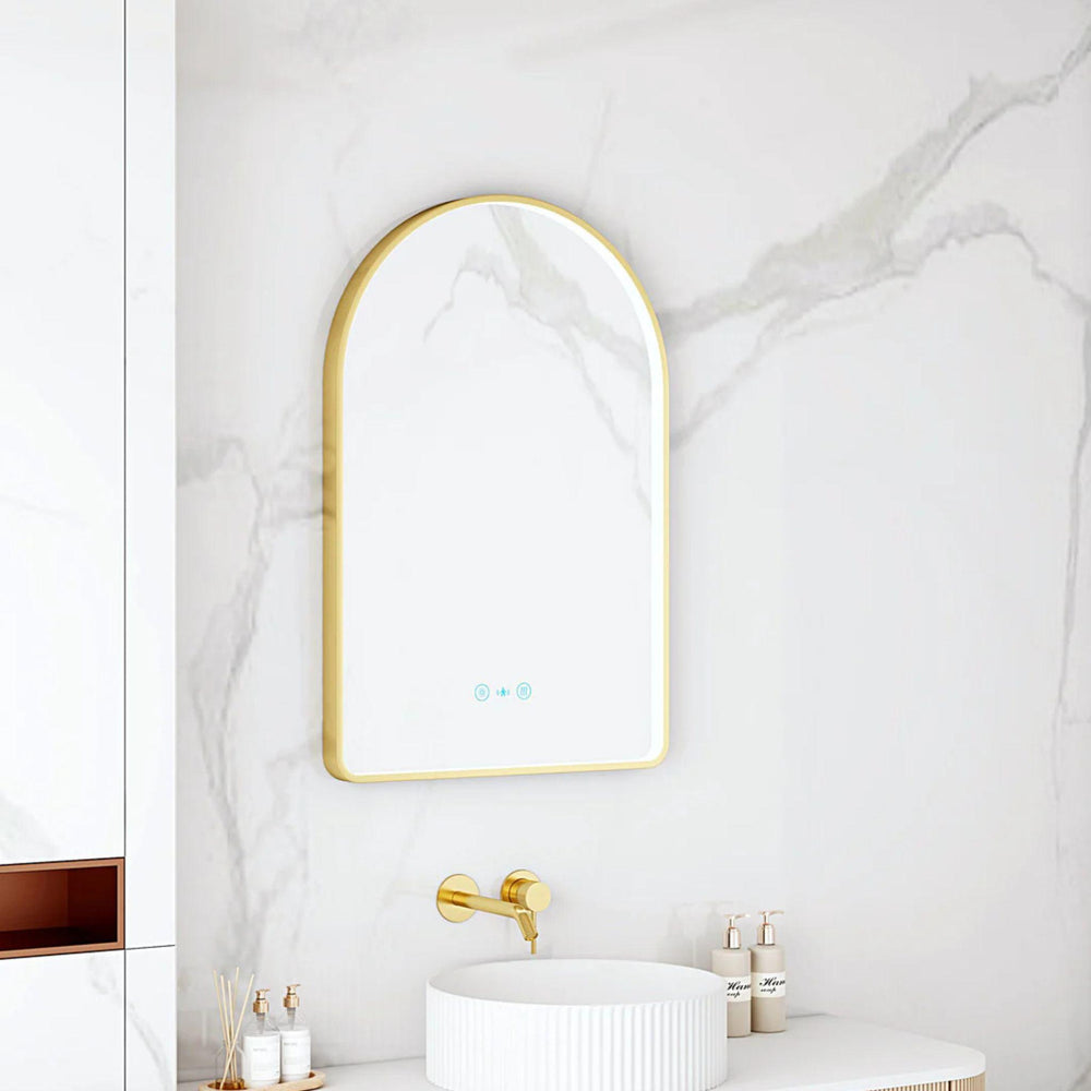 MERCIO MAIA FRAMED ARCH LED MIRROR BRUSHED GOLD 600X900MM