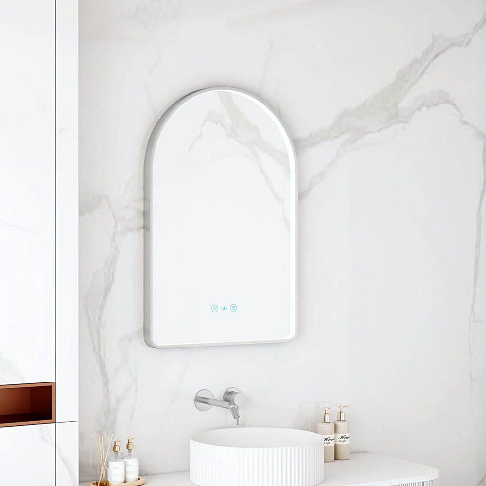 MERCIO MAIA FRAMED ARCH LED MIRROR BRUSHED NICKEL 600X900MM