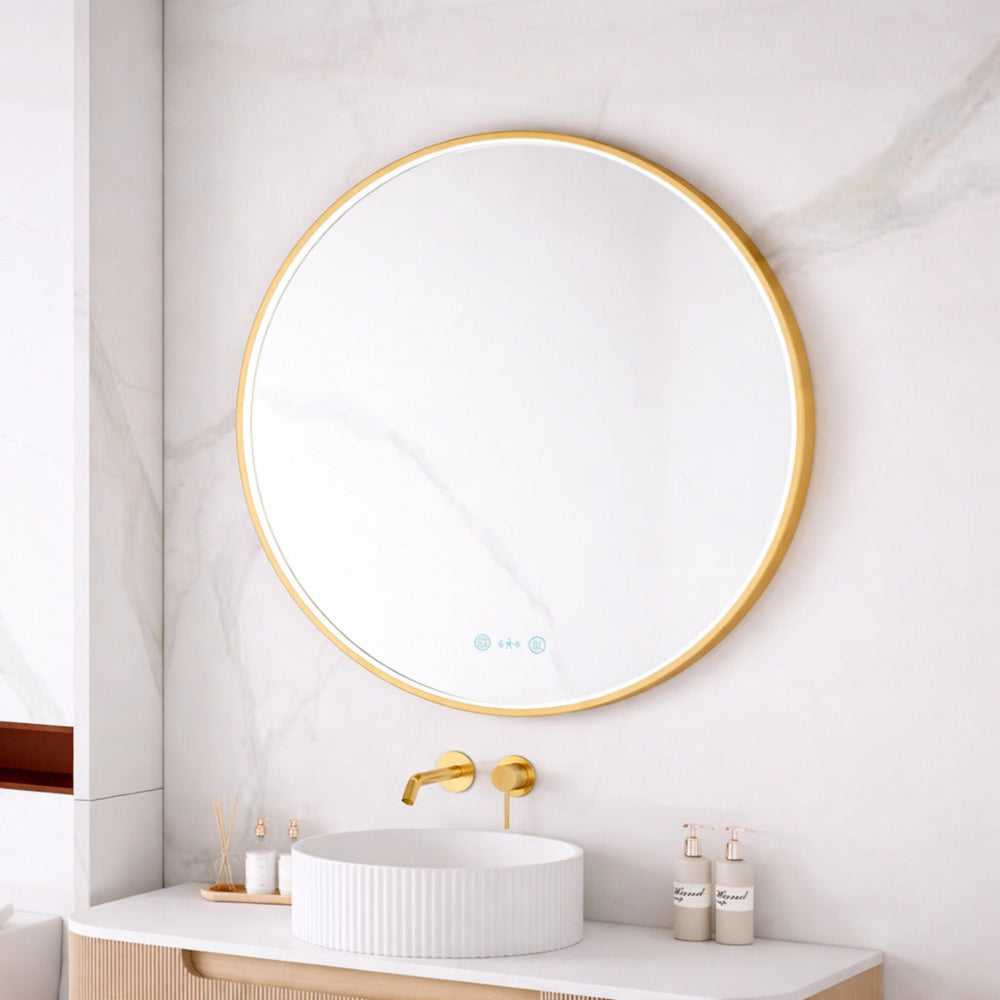 MERCIO MAIA FRAMED ROUND LED MIRROR BRUSHED GOLD 900X900MM