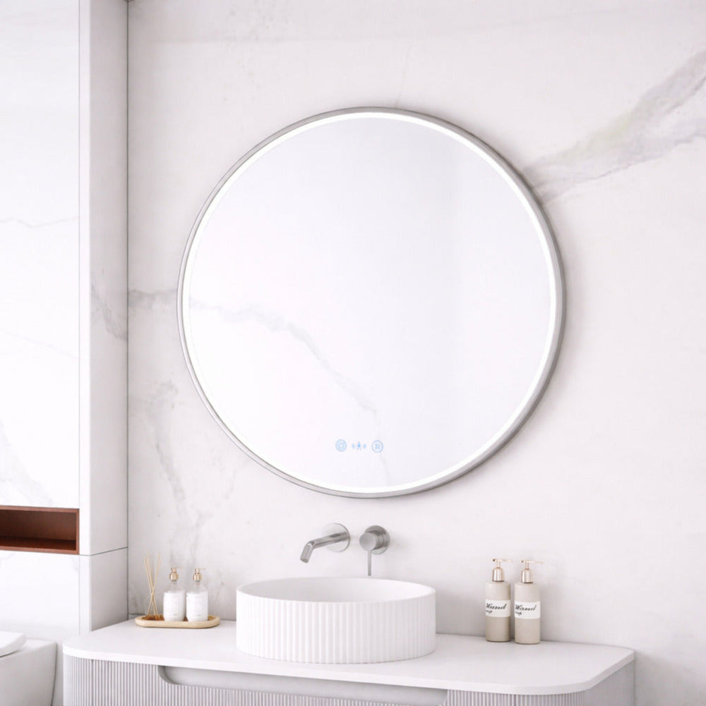 MERCIO MAIA FRAMED ROUND LED MIRROR BRUSHED NICKEL 900X900MM