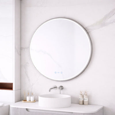 MERCIO MAIA FRAMED ROUND LED MIRROR BRUSHED NICKEL 900X900MM