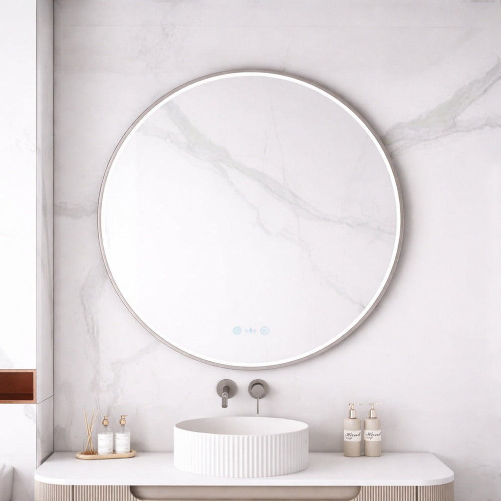 MERCIO MAIA FRAMED ROUND LED MIRROR BRUSHED NICKEL 900X900MM