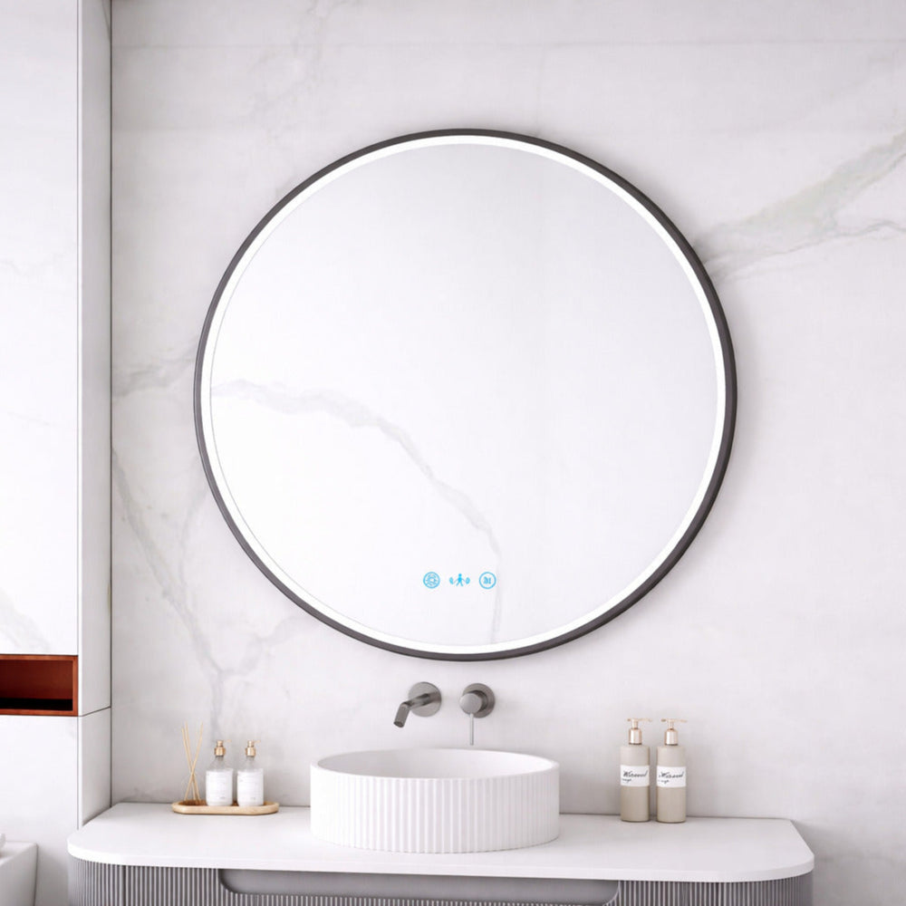 MERCIO MAIA FRAMED ROUND LED MIRROR GUN METAL 900X900MM