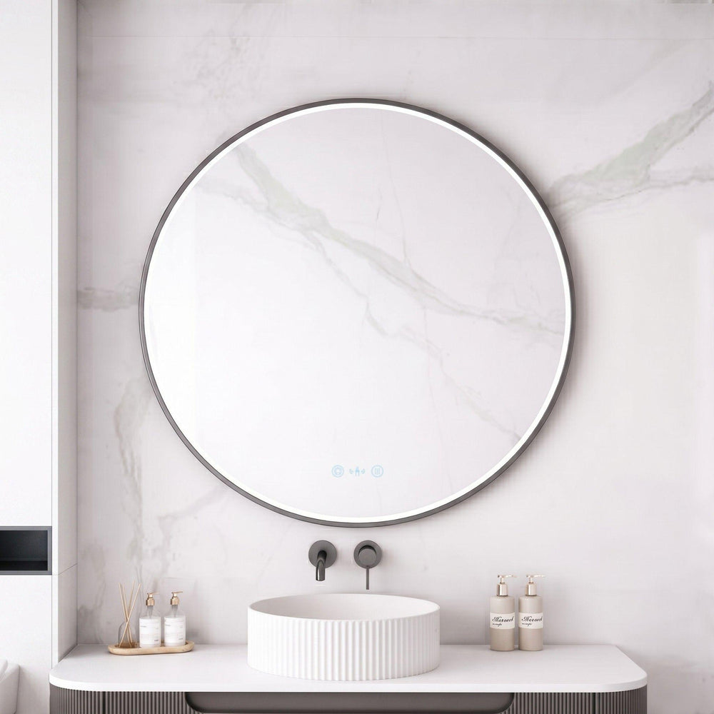 MERCIO MAIA FRAMED ROUND LED MIRROR GUN METAL 900X900MM