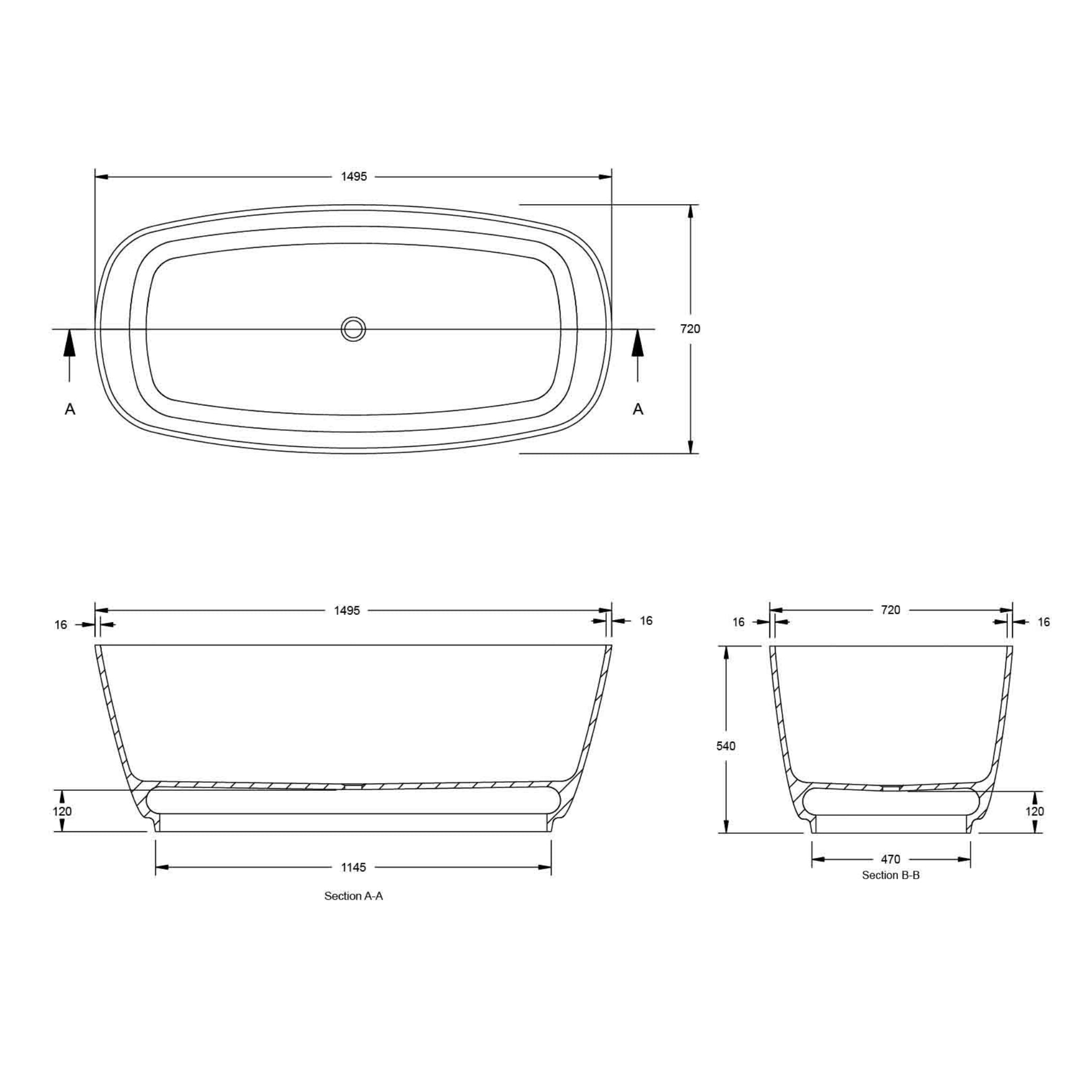 TURNER HASTINGS MALDN TITANCAST SOLID SURFACE FREESTANDING BATHTUB GLOSS WHITE 1500MM