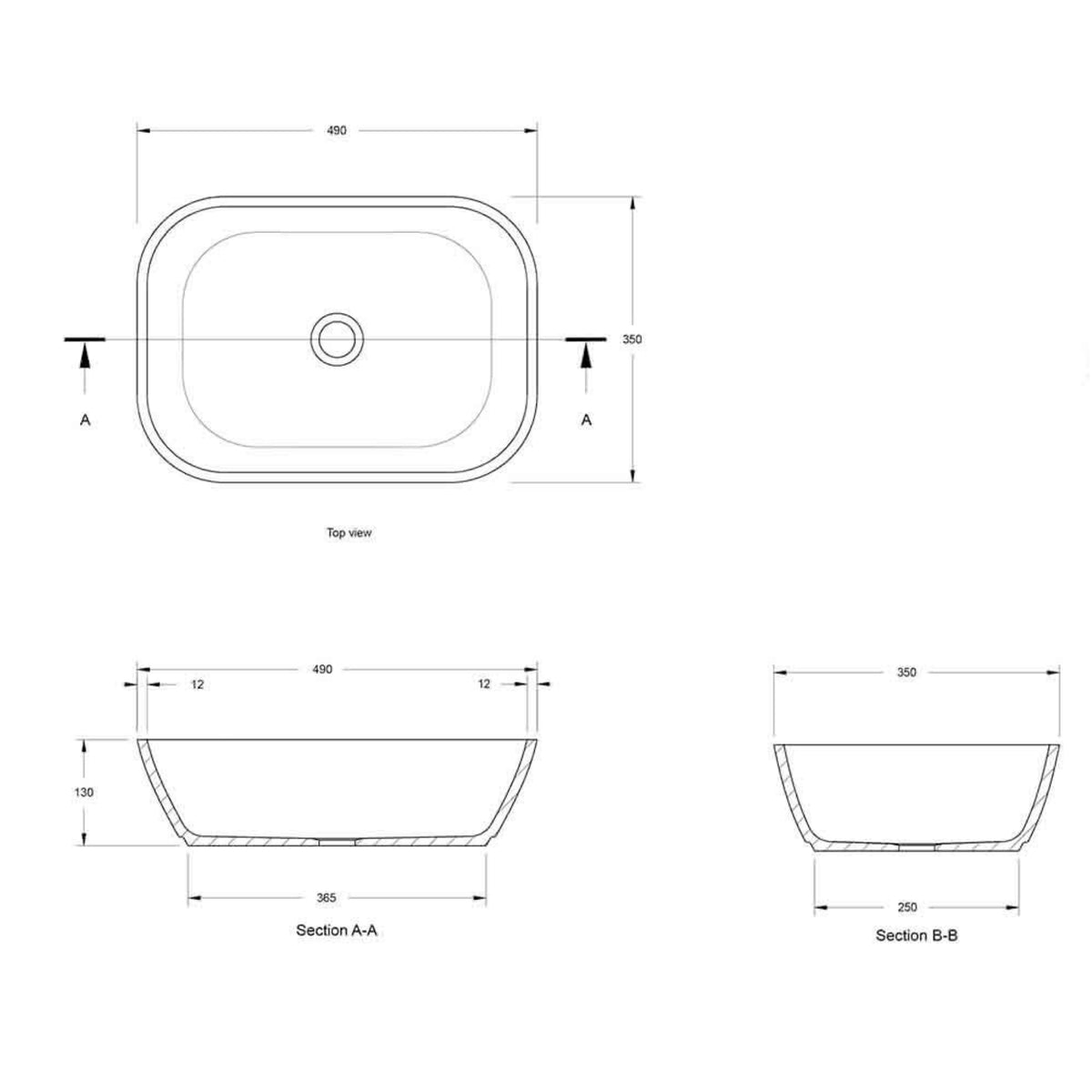 TURNER HASTINGS MALDON TITANCAST SOLID SURFACE HANDCRAFTED ABOVE COUNTER BASIN SATIN SILK WHITE 490MM