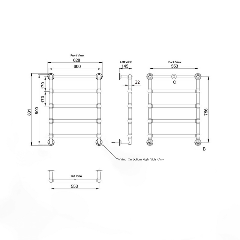TURNER HASTINGS MAYER LIQUID-FILLED HEATED TOWEL RAIL CHROME 600MM