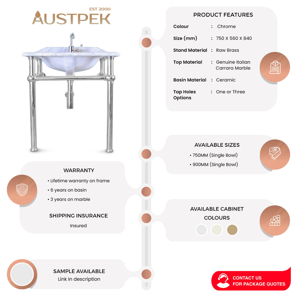 TURNER HASTINGS MAYER BASIN STAND WITH REAL CARRARA MARBLE TOP CHROME 750MM