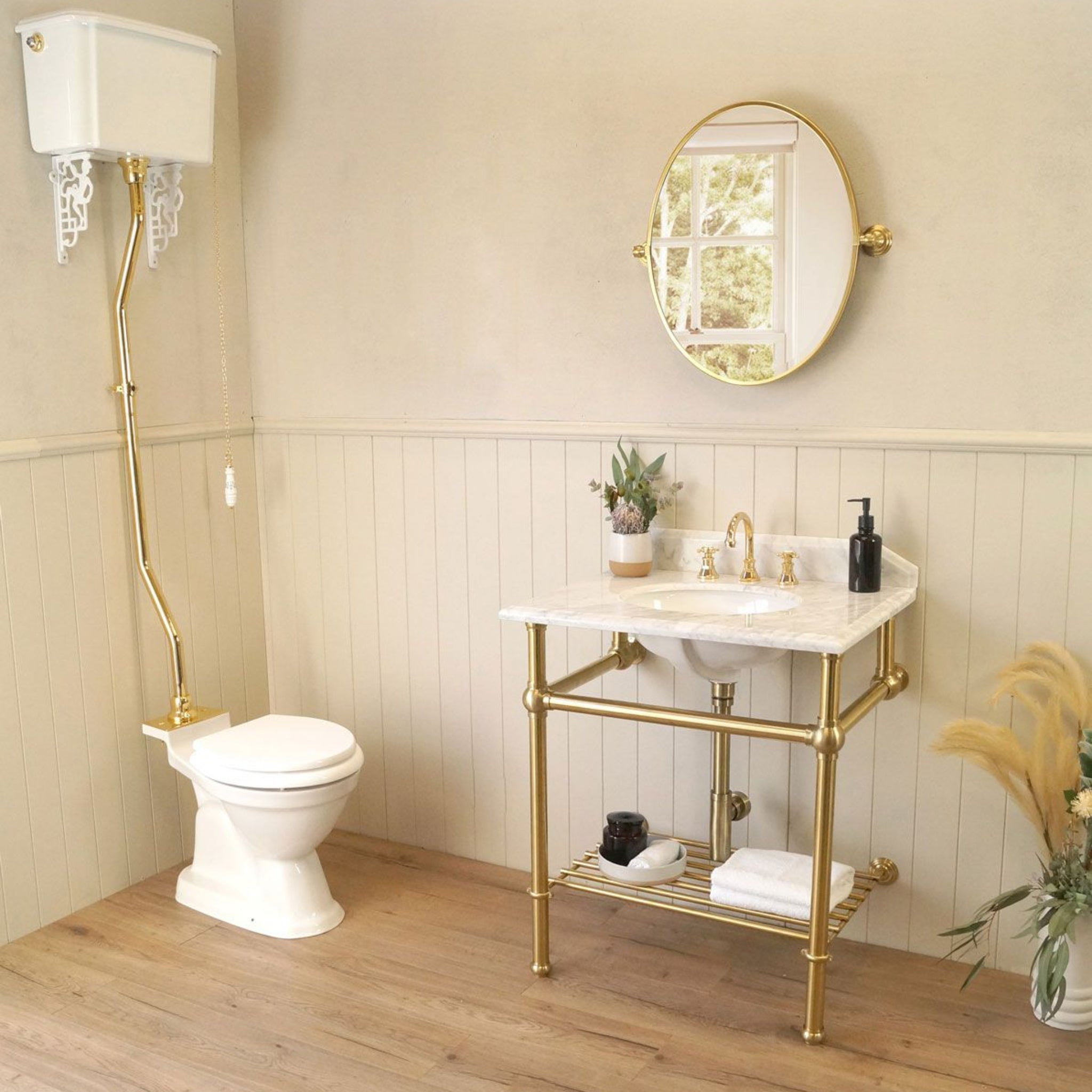 TURNER HASTINGS MAYER BASIN STAND WITH REAL CARRARA MARBLE TOP BRUSHED BRASS 750MM