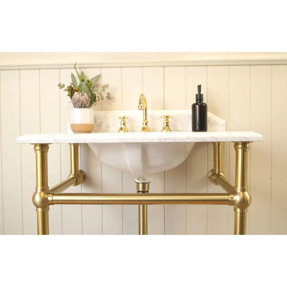 TURNER HASTINGS MAYER BASIN STAND WITH REAL CARRARA MARBLE TOP BRUSHED BRASS 750MM